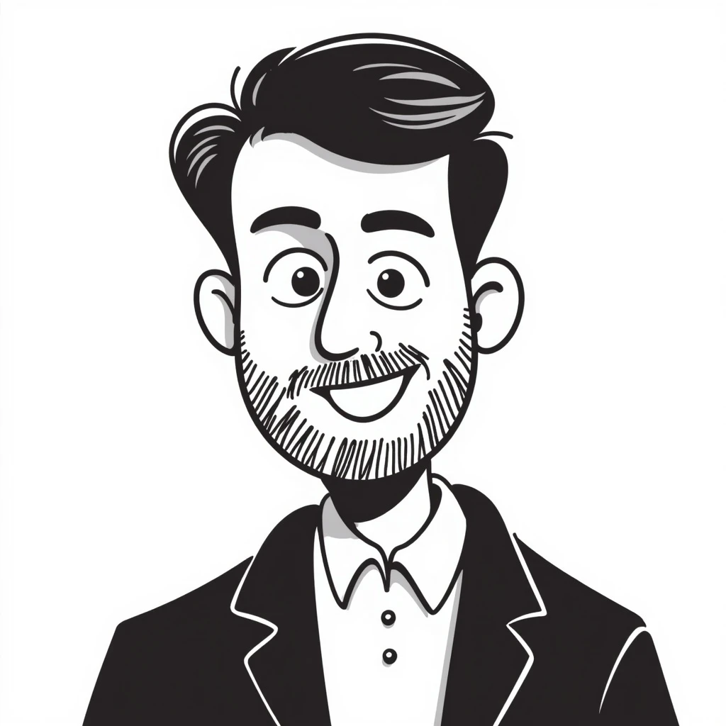 A middle-aged man with a medium black and gray beard, short dark hair cut to the scalp on the sides and combed back on top, blue eyes, smiling emoji