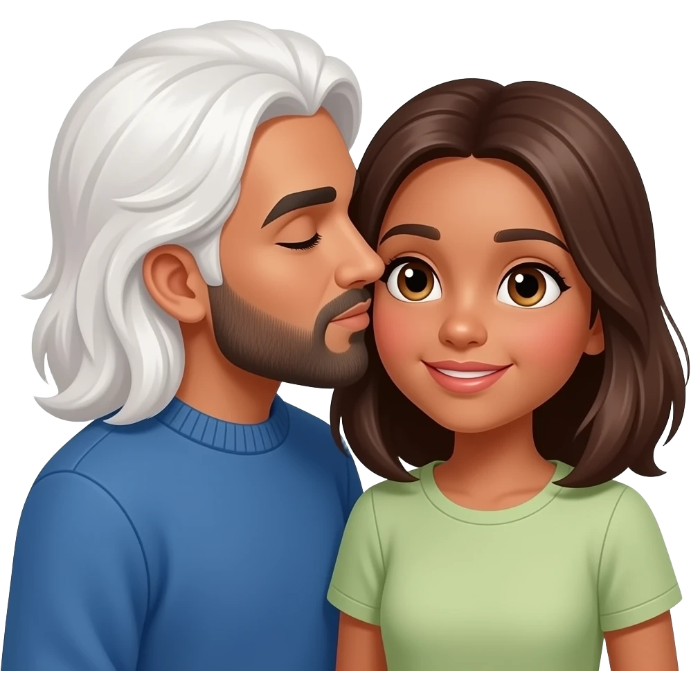 Brown Pakistani man with no facial hair, long white shoulder-length hair, wearing a blue sweater, kissing an olive-skinned girl with hazel eyes and shoulder-length brown hair emoji