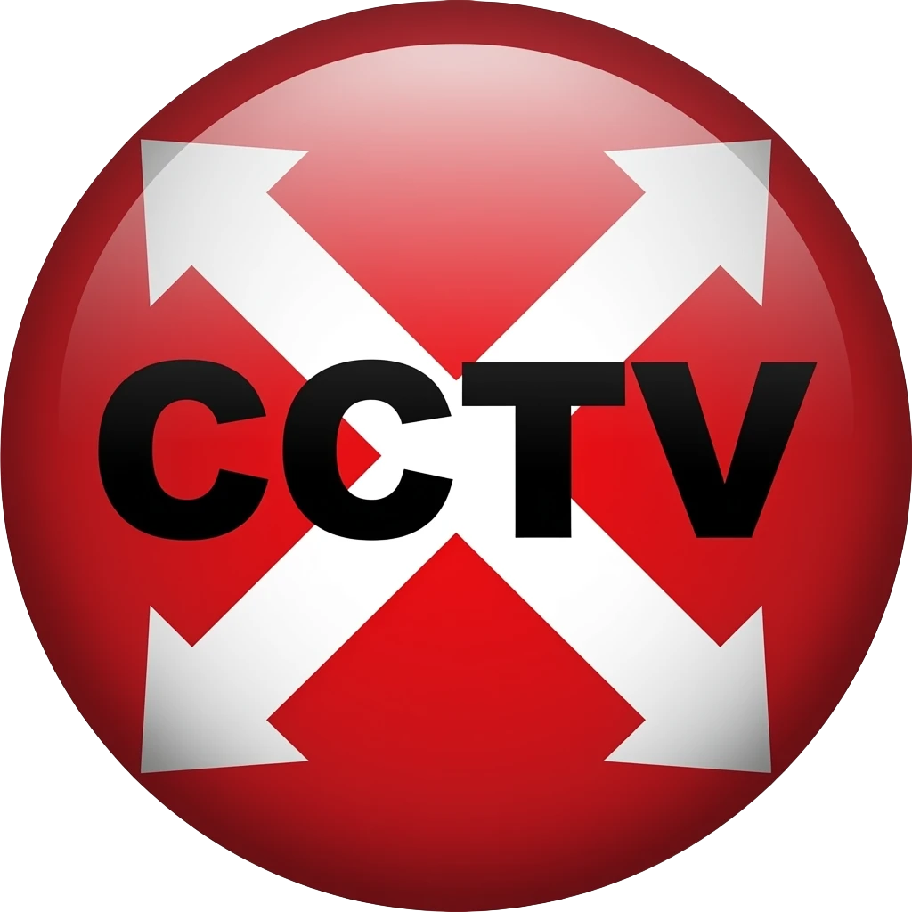 Red filled circle with white X and arrow on all end points on the X. Big CCTV word in the centre in black emoji