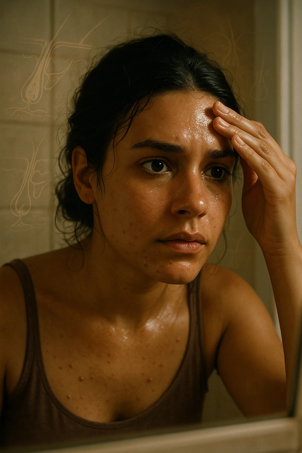 A realistic, cinematic portrait of a young woman in her late 20s with medium skin tone, sitting in front of a mirror in a softly lit bathroom. Her facial skin appears oily with a noticeable shine on her forehead, nose, and cheeks due to overactive sebaceous glands caused by PCOS. Small acne spots are visible along her jawline and chin, highlighting hormonal imbalance. She gently touches her forehead with her fingertips, checking the oiliness with a slightly concerned expression. Her dark hair is tied loosely, showing a few strands sticking to the sides of her face because of excess sebum. Subtle overlays of scientific diagrams of sebaceous glands can be softly blended into the background, symbolizing the overproduction of sebum. The atmosphere is clean and realistic, with warm daylight tones and a soft depth of field, ensuring emotional connection while maintaining medical educational value. 35mm film style, highly detailed skin texture and reflections on the oily areas for a hyperrealistic effect in italiano emoji