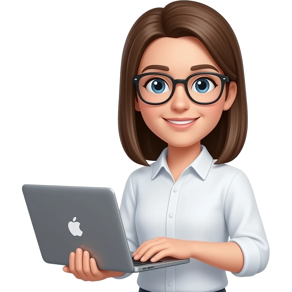 cliente con una laptop en la mano  camisa blanca  chico blanco cabello liso marron lentes emoji