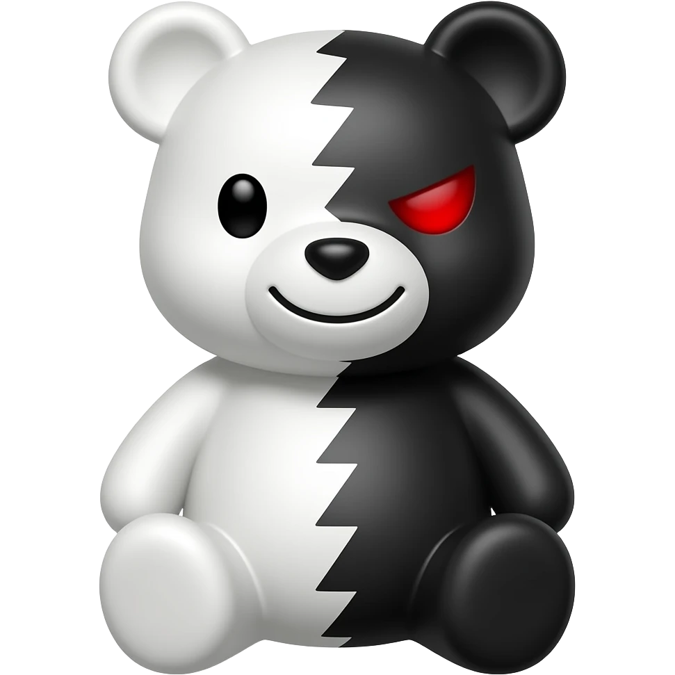 Um Ursinho de pelúcia que tem vida com metade branco é preto branco é normal mas o preto tem um sorriso maligno é olho do formato de / vermelho o nome dele é monokuma emoji