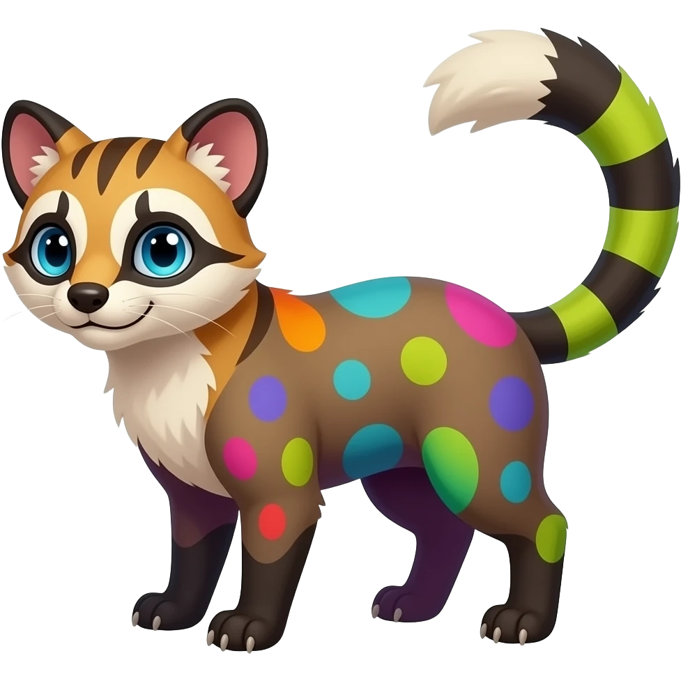 Colorful randomly colored randomly marked Civet-Mankeulv-Sergal-Vernid-Trico-Fakémon-hybrid emoji