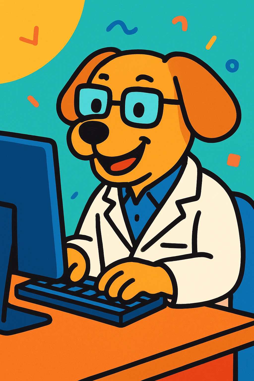 cheerful dog computer scientist wearing lab coat and glasses, working on a computer, modern cartoon style emoji