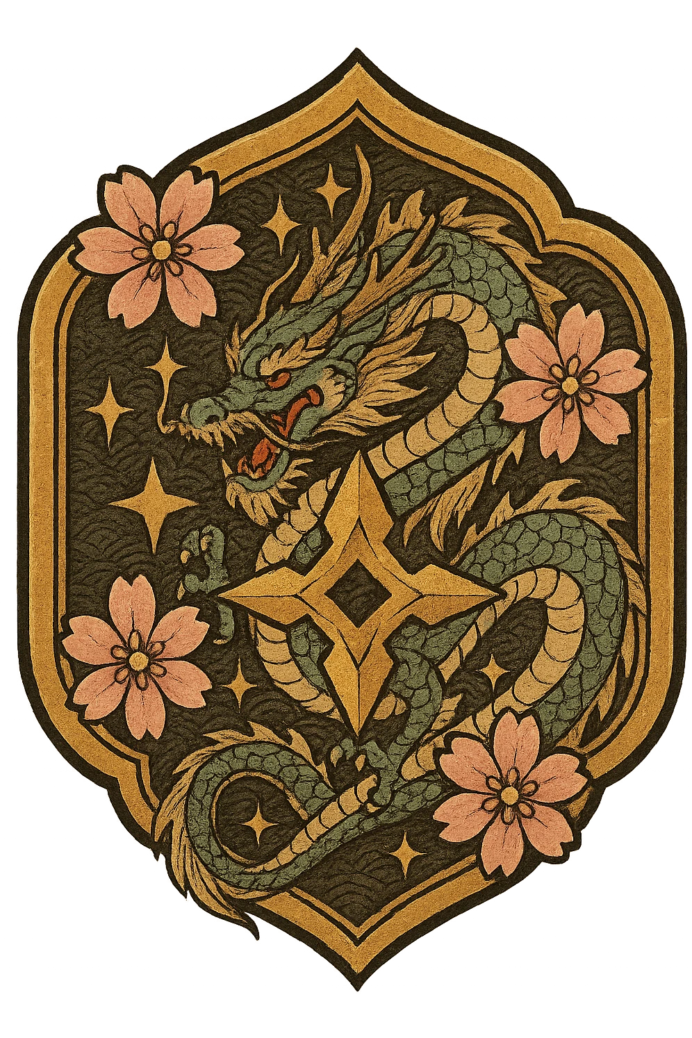 Add an elegant, detailed traditional Japanese dragon inside the badge, keeping the same Japanese crest shape, gold border, sakura flowers, ninja star, and sparkly effects. The dragon should fit the anime style and complement the existing elements. The background should be transparent. Sized for Twitch or Discord use. emoji