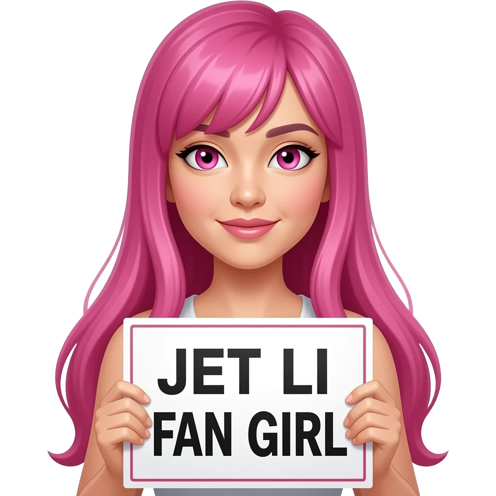 sexy girl with long pink hair and pink eyes holding JET LI FAN GIRL sign emoji