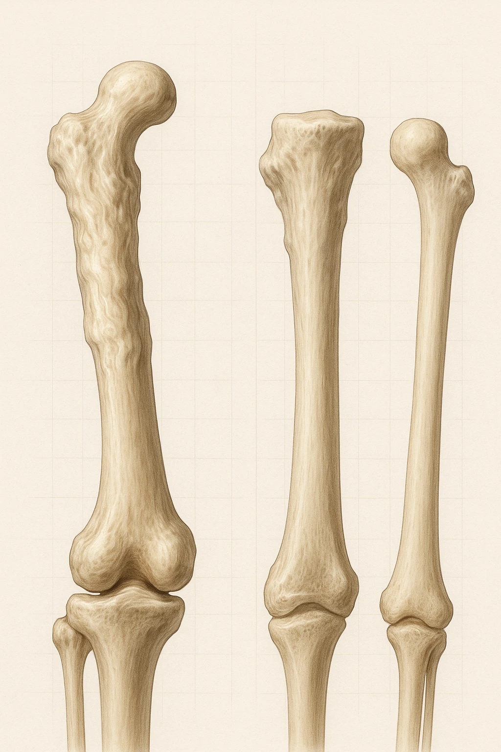 A highly realistic medical illustration focusing on a human arm and leg bones affected by melorheostosis. The bones appear visibly thickened, irregular, and larger than normal, with clear, layered bone growth resembling melted wax dripping down the side of the bones. The image shows a side-by-side comparison with a healthy bone for clarity, highlighting the difference in size and texture. The color palette includes neutral bone colors with subtle shading to show the abnormal contours and ridges. The background is clean and minimalistic, with faint anatomical grid lines for a scientific, educational feel. The overall mood is informative and precise, conveying the key visual characteristic of melorheostosis: progressive bone thickening that makes bones visibly larger and irregular. in italiano emoji