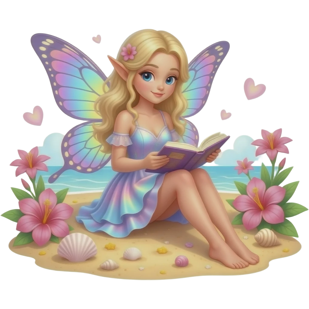 Beautiful fairy with butterfly wings reading a book on the beach, surrounded by pink tropical flowers, seashells, and soft pastel fantasy details Beautiful fairy with butterfly wings reading a book on the beach, surrounded by pink tropical flowers, seashells, and soft pastel fantasy details emoji