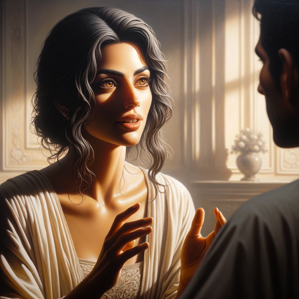  in a bright, softly lit room with a light background, a person is speaking with expressive gestures and a focused expression. In the foreground, another person is seen from behind, listening attentively. The details of hair, skin, and clothing are crisp and lifelike, with subtle reflections and natural shadows. The overall mood is calm and intimate. emoji