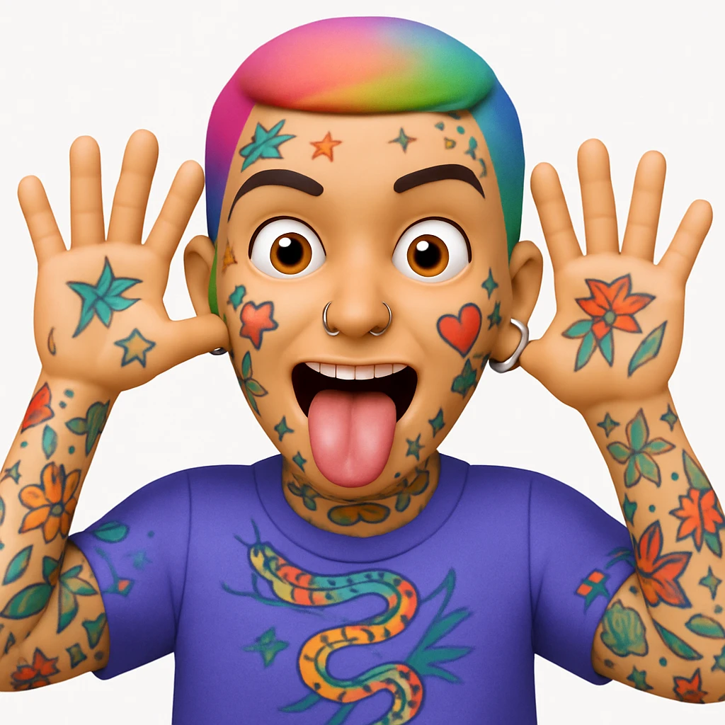 A 3D emoji in iOS emoji aesthetic style of a wild expressive person with colorful tattoos, multiple facial piercings, sticking out their tongue and making a funny face, glossy Apple-style design, clean white background, vibrant and bold look. emoji