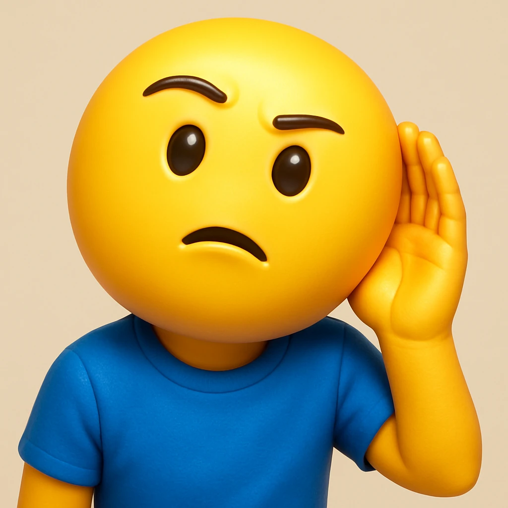 A 3D emoji in iOS emoji aesthetic style of a person wearing a blue t-shirt, holding one hand to their ear while leaning slightly forward as if trying to listen carefully, curious and attentive expression, glossy Apple

 emoji