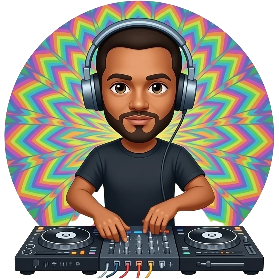 Show a Dj behind a console with psycadelic  background emoji