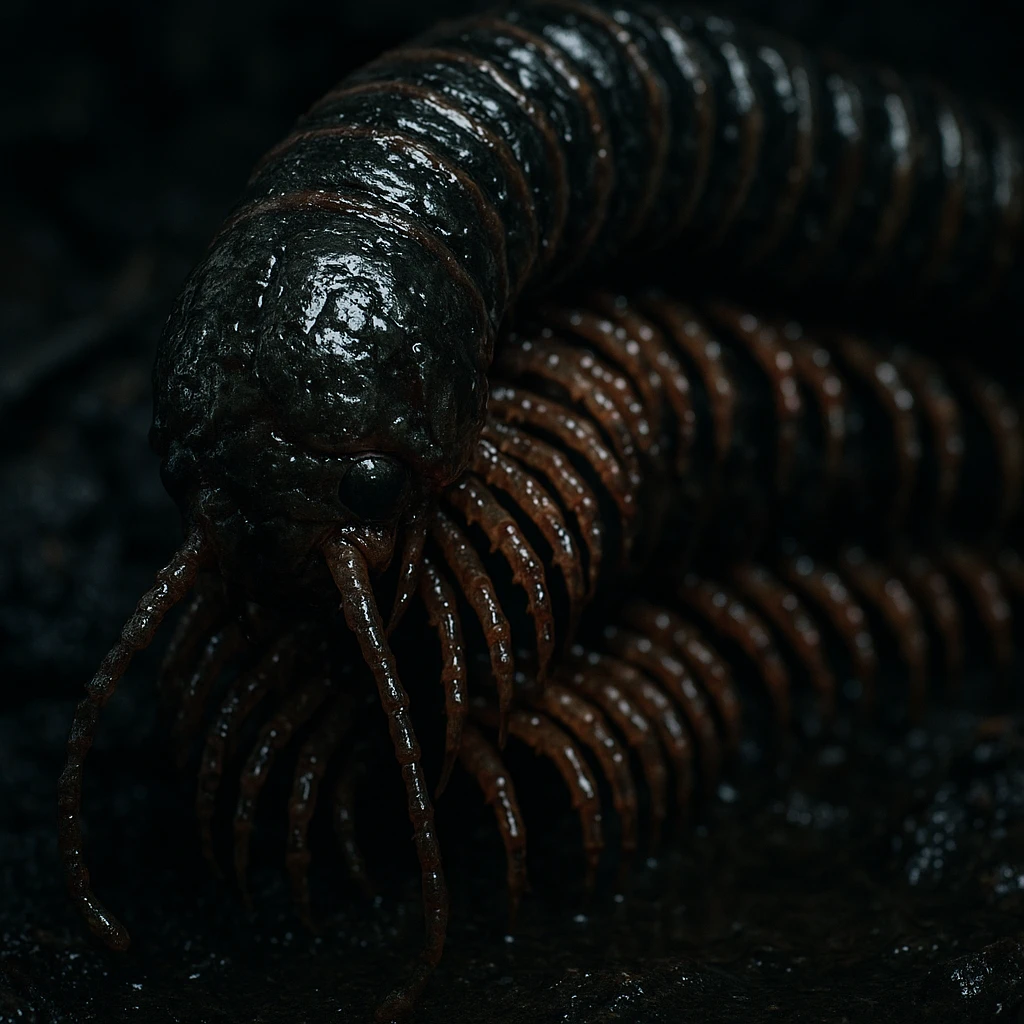 a very disgusting millipede, highly detailed, slimy, unsettling, close-up view emoji