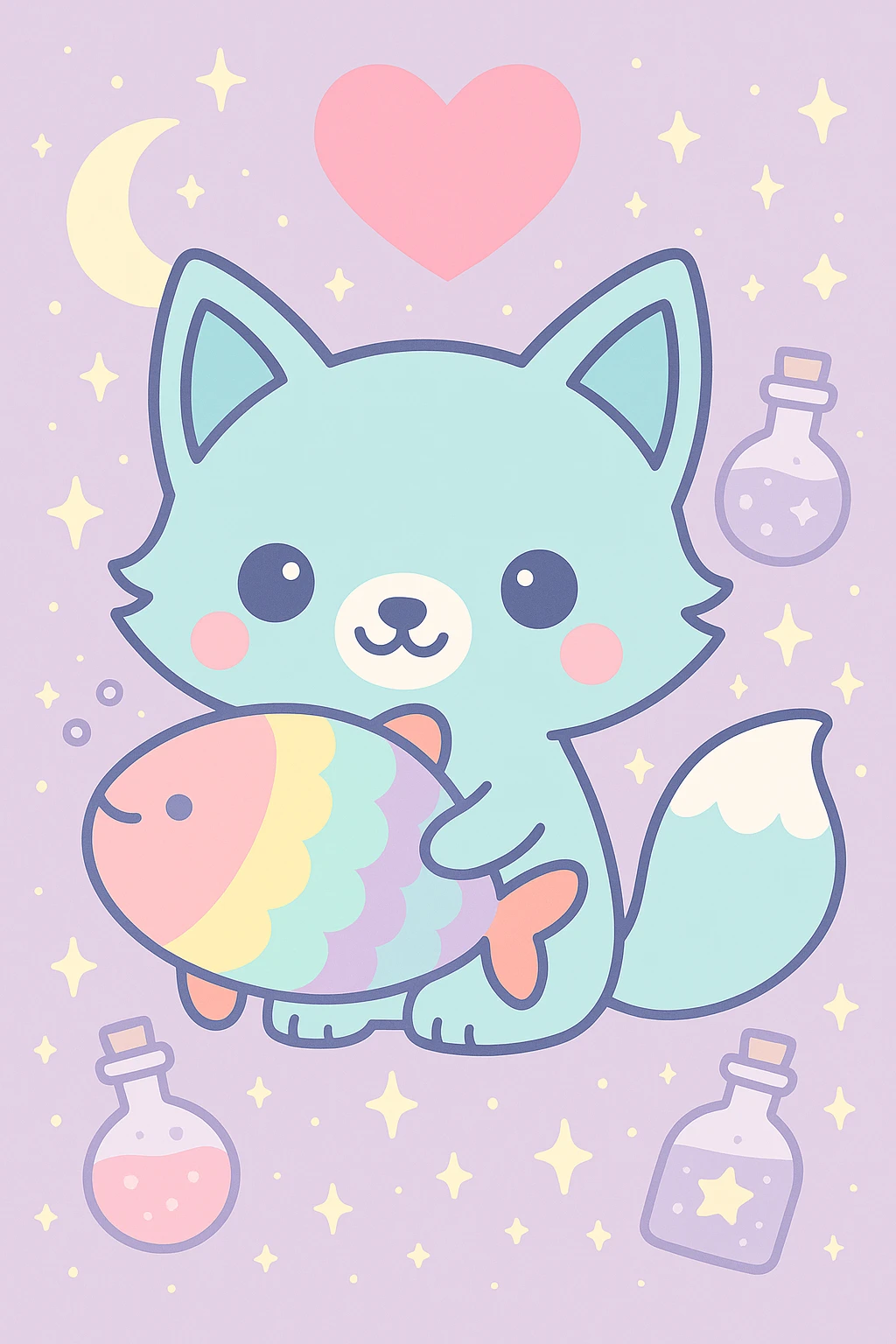 Add a magical, witchy background with stars, crescent moon, and potion bottles behind the blue fox hugging the rainbow fish with a big pink heart, in kawaii cartoon style. emoji