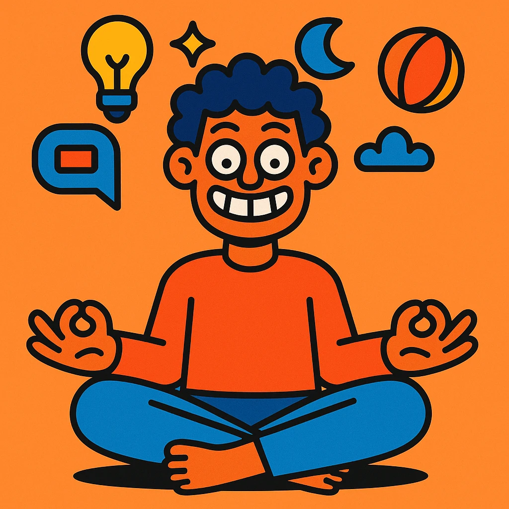 a person meditating with a silly grin, floating objects around their head, vibrant toon style emoji