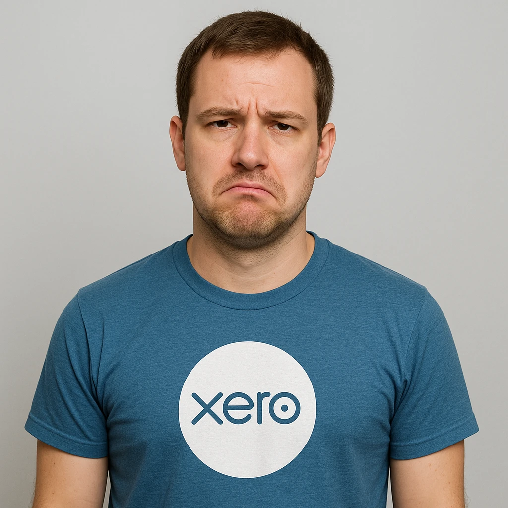 man with short brown hair, Xero t-shirt, unimpressed expression, simple background emoji