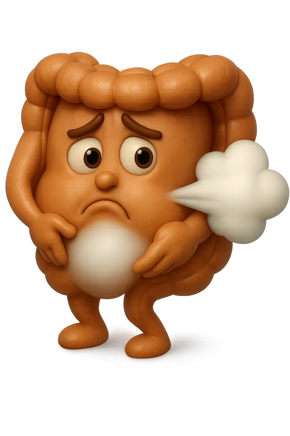 emoji stile iphone di un intestino che ingoia una nuvoletta di aria ben visibile e gli si gonfia la pancia, iperrealistico 4k emoji