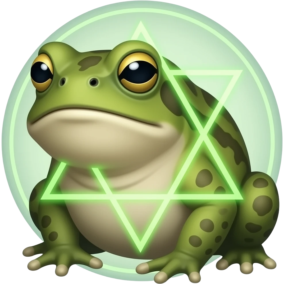 A surreal emoji of a Bufo toad fused with a Gnostic Aeon — a small, iconic, rounded emoji figure with glowing. The toad has soft, simplified features but emits luminous geometric patterns symbolizing divine emanation. emoji