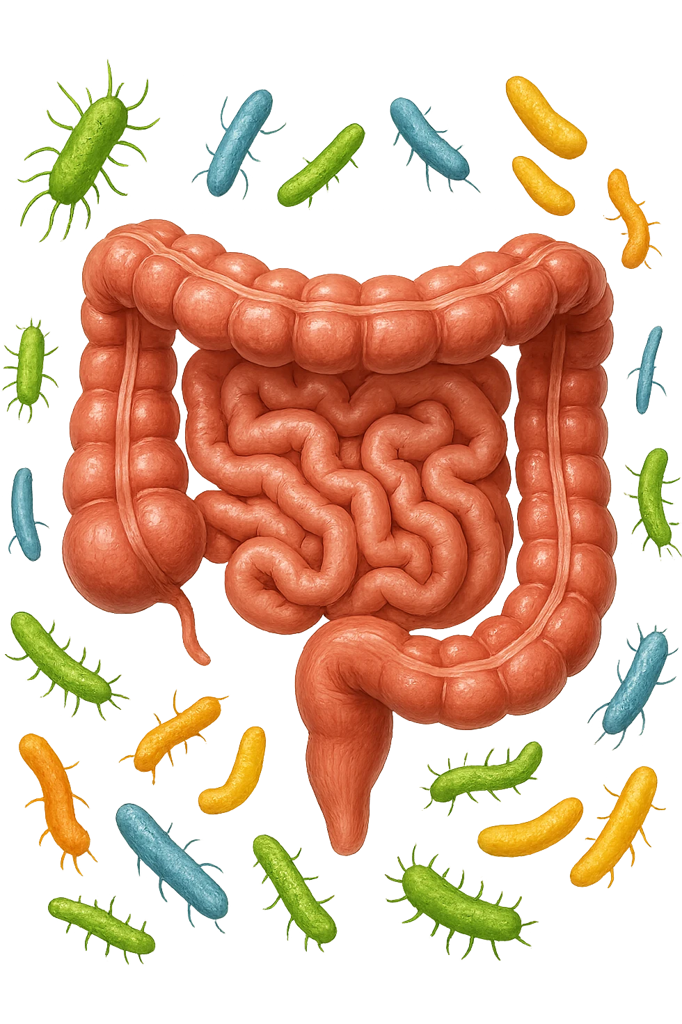 intestino umano anatomico con qualche batterio intestinale che gli fluttua intorno, ISOLATO SU SFONDO BIANCO emoji