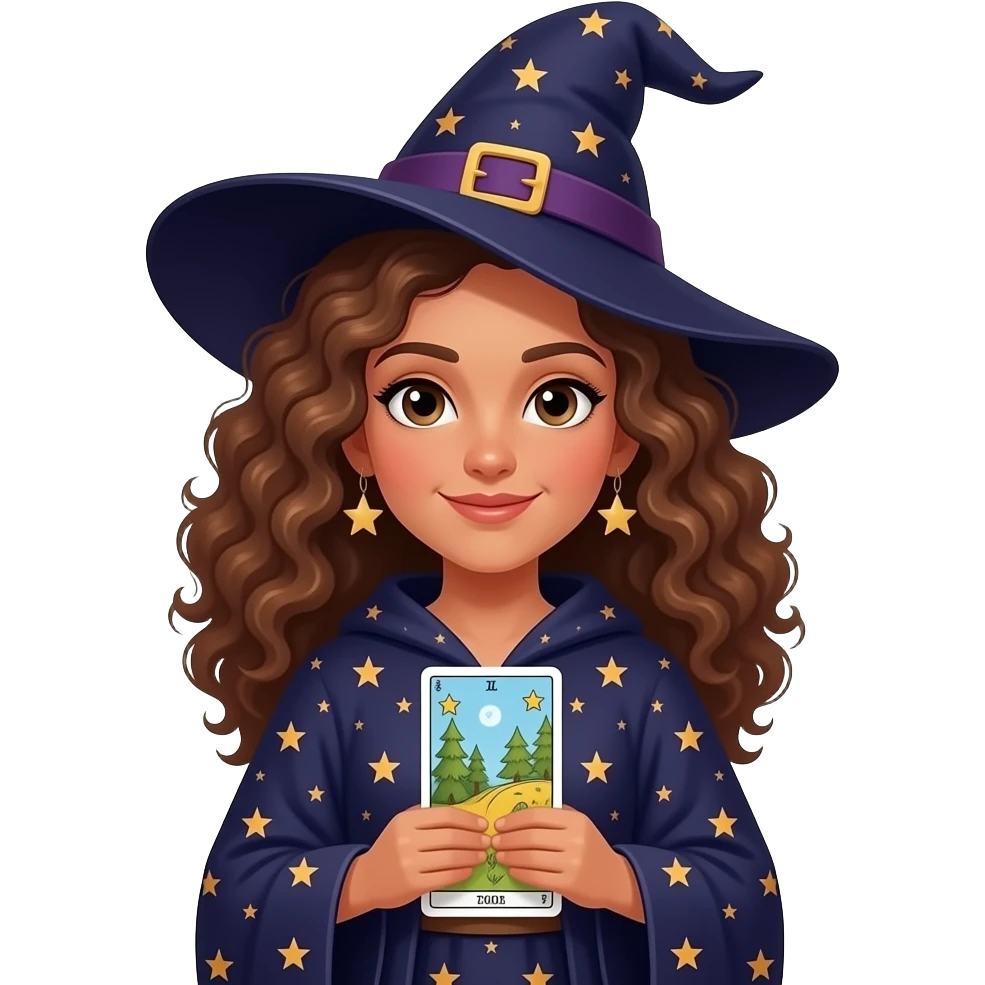 Bruja de cabello rizado y piel trigueña y es astróloga y tarotista emoji