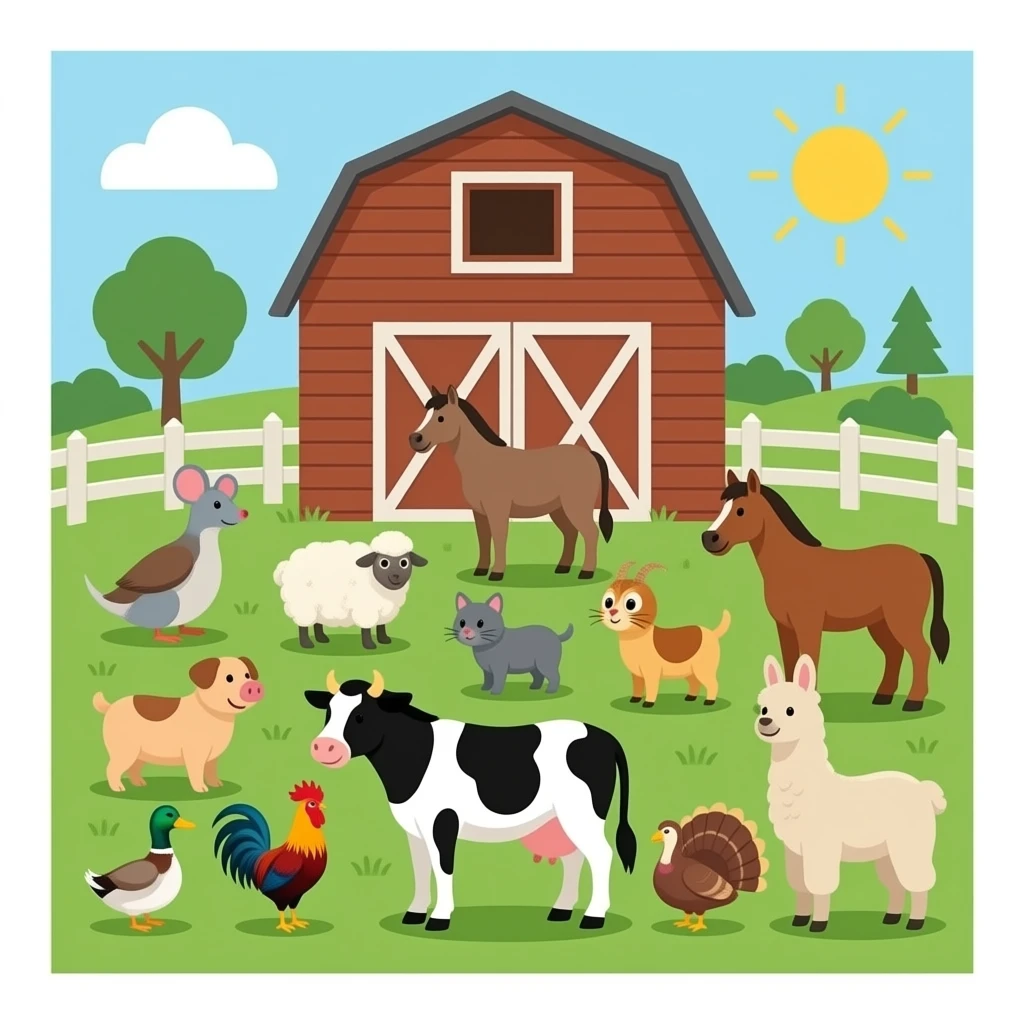 Pfarm animals inside the peekaboo barn like have: Duck, mouse, dog, horse, sheep, chicken, donkey, pig, goat, cat, owl, rooster, rabbit, Turkey, cow, and llama emoji