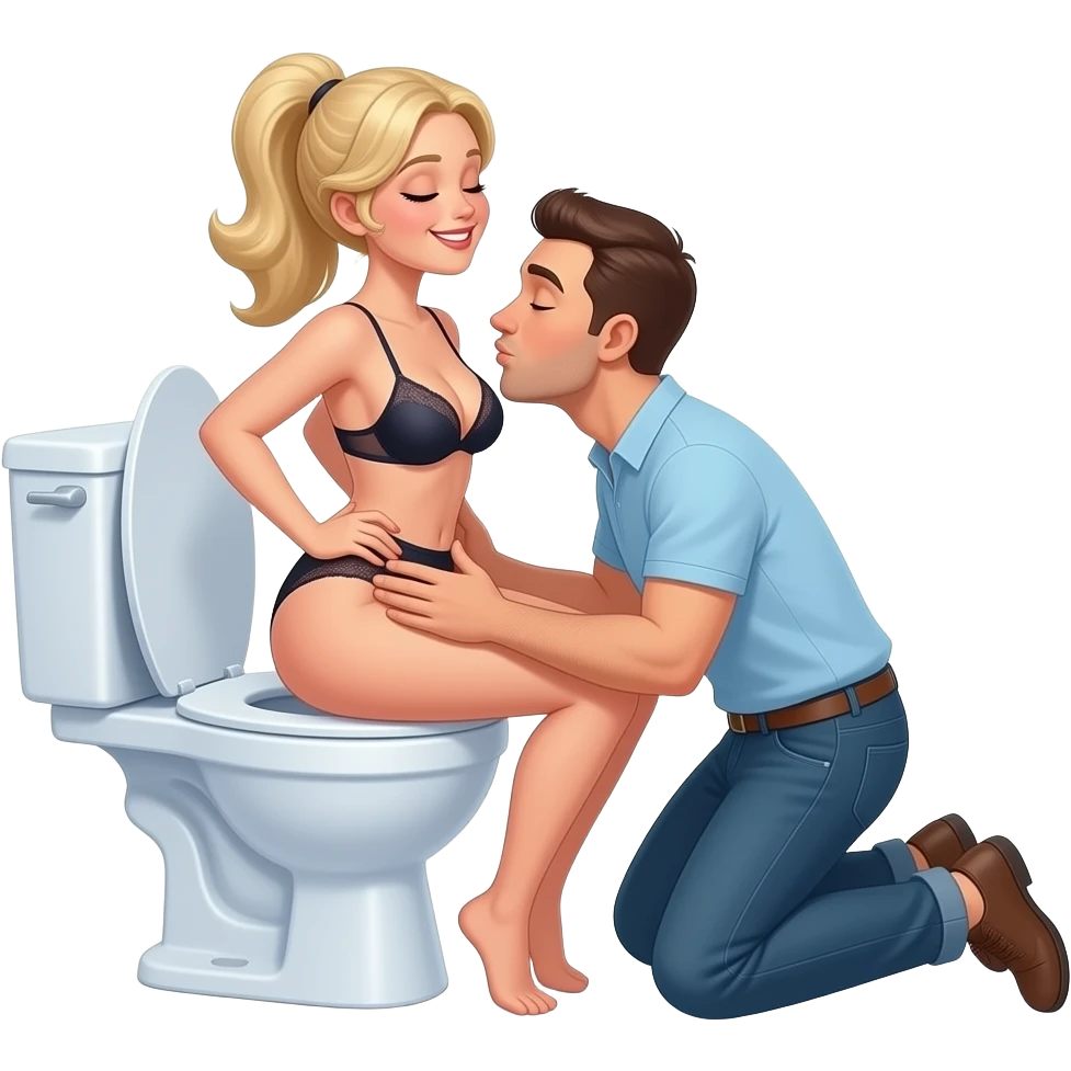 White blonde woman in lingerie sits backwards on open toilet holding her butt open while man knees behind her kissing her butt. Eyes closed smiling emoji