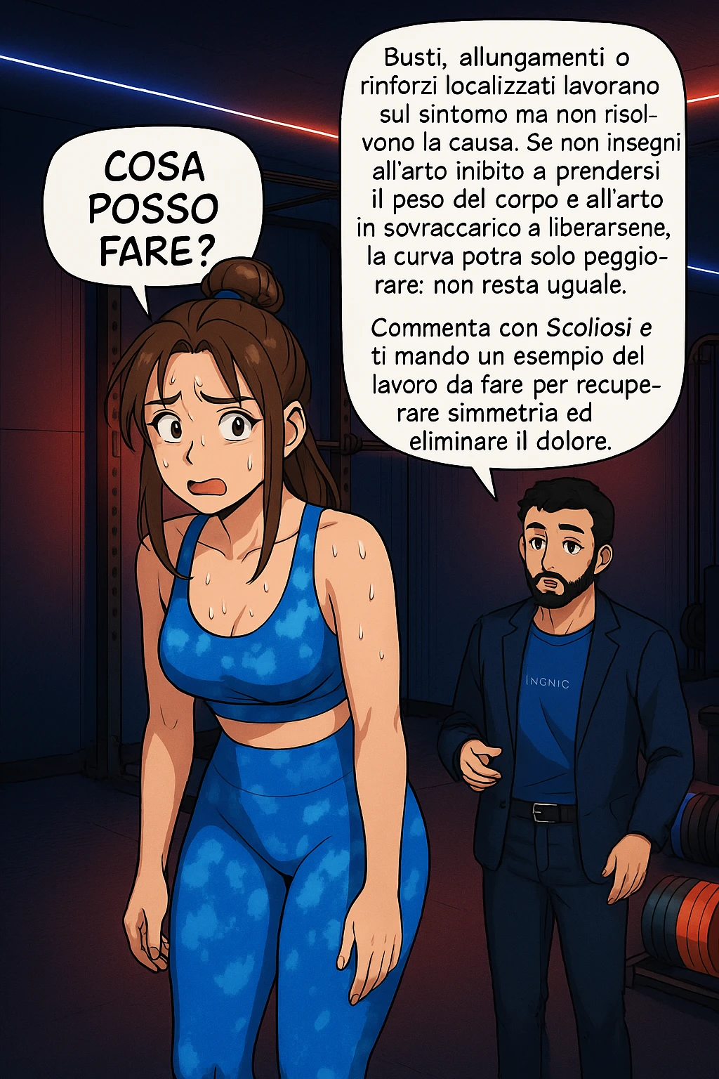 ispirati a questo stile di disegno e fai questa immagine in versione manga/webtoon a colori, il manga mostra la donna preoccupata che chiede: "COSA POSSO FARE?" E L'UOMO CHE RISPONDE: Busti, allungamenti o rinforzi localizzati lavorano sul sintomo ma non risolvono la causa. Se non insegni all’arto inibito a prendersi il peso del corpo e all’arto in sovraccarico a liberarsene, la curva potrà solo peggiorare; non resta uguale. Commenta con scoliosi e ti mando un esempio del lavoro da fare per recuperare simmetria ed eliminare il dolore. emoji
