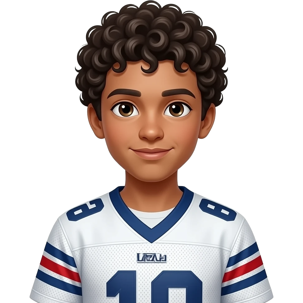 Garçon au cheuveux frisé a la peau métissé avec un haut de foot large emoji