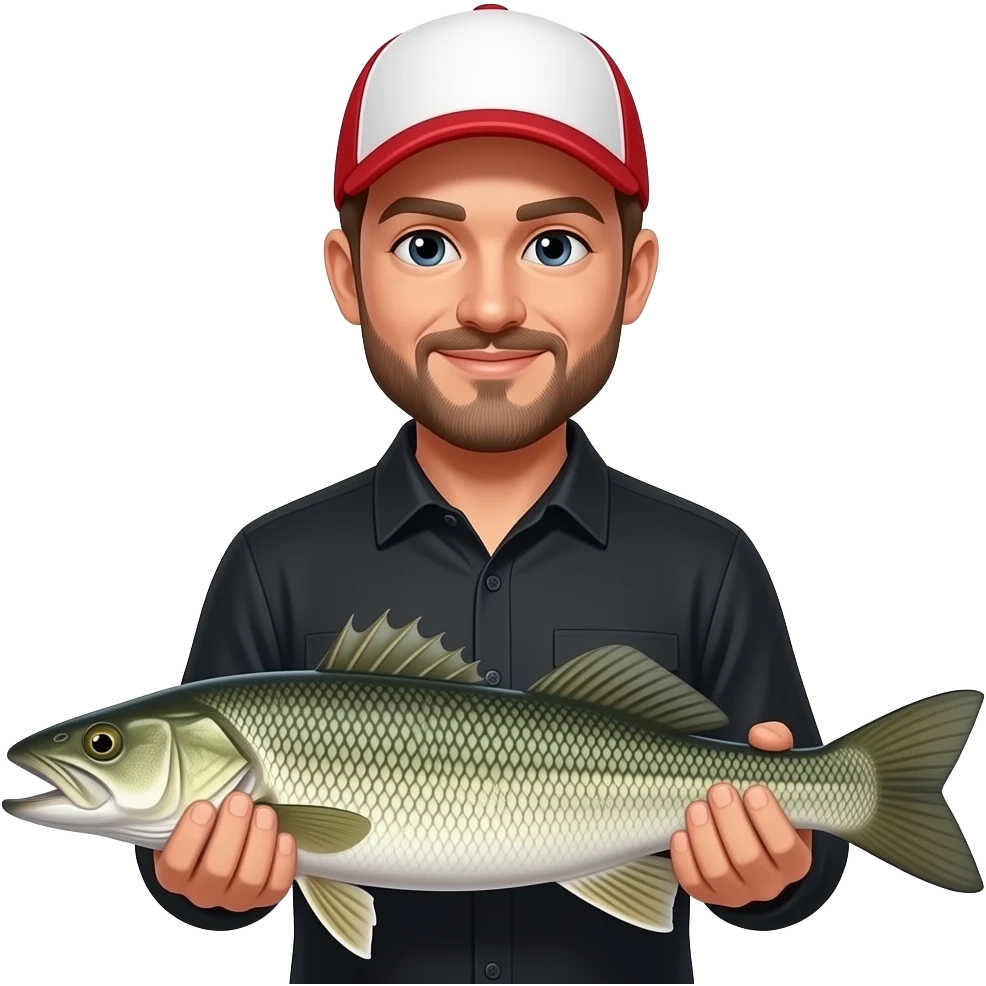 a guy with  a red and white hat on with a black shirt golding a long fish emoji