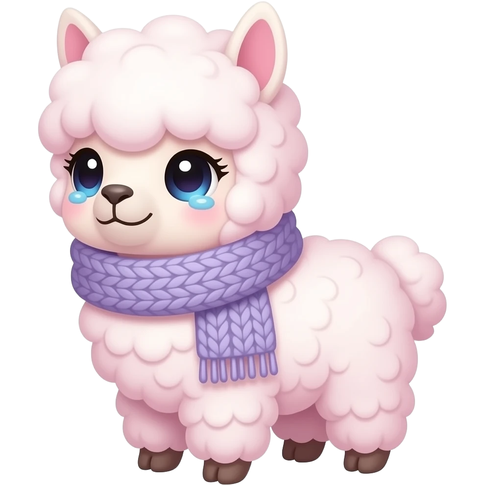Cute chibi alpaca, soft fluffy pink-white wool, large sparkling watery eyes with tears, wearing a light purple knitted scarf, sad emotional expression, high quality anime style, cel-shaded, isolated on plain white background, sticker style, 4k, clean lines. emoji