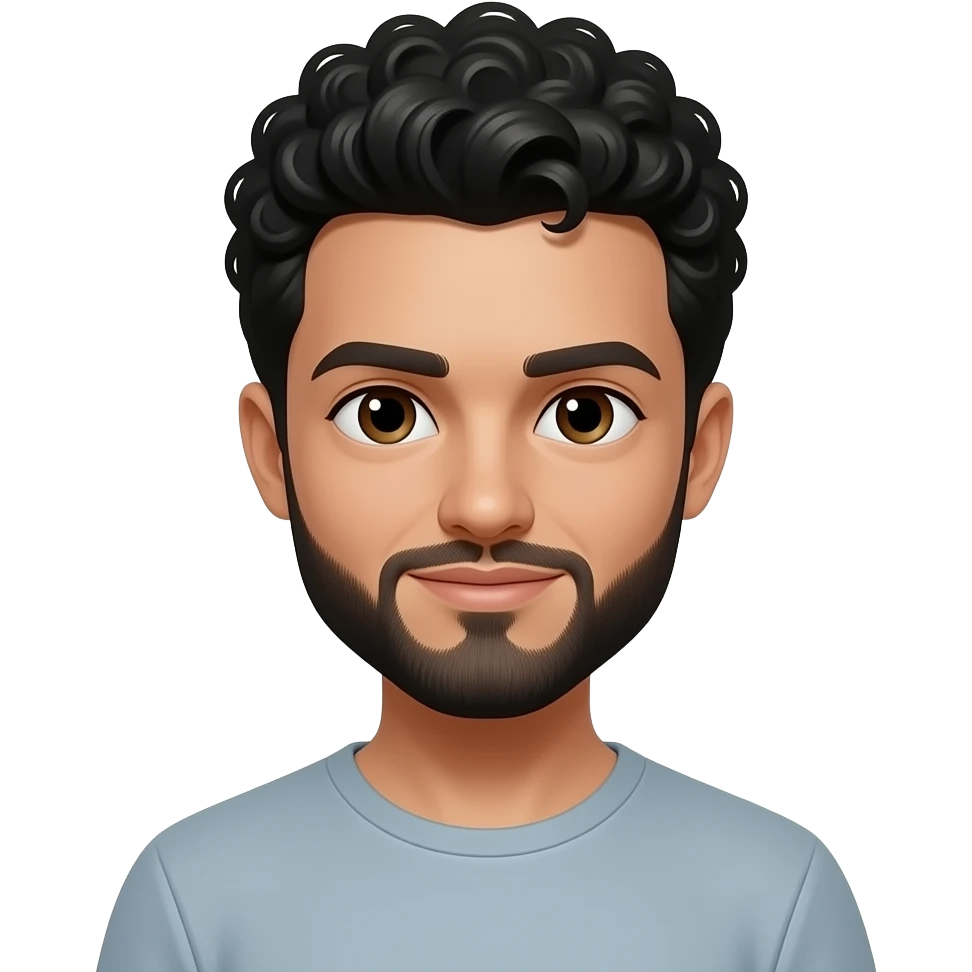 A standing man with black short curly hair and brown eyes. He has a beard. The man is tall and slim. emoji