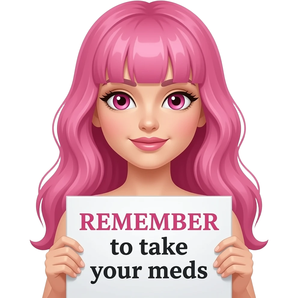 sexy girl with long pink hair and pink eyes holding a REMEMBER to take you MEDS sign emoji