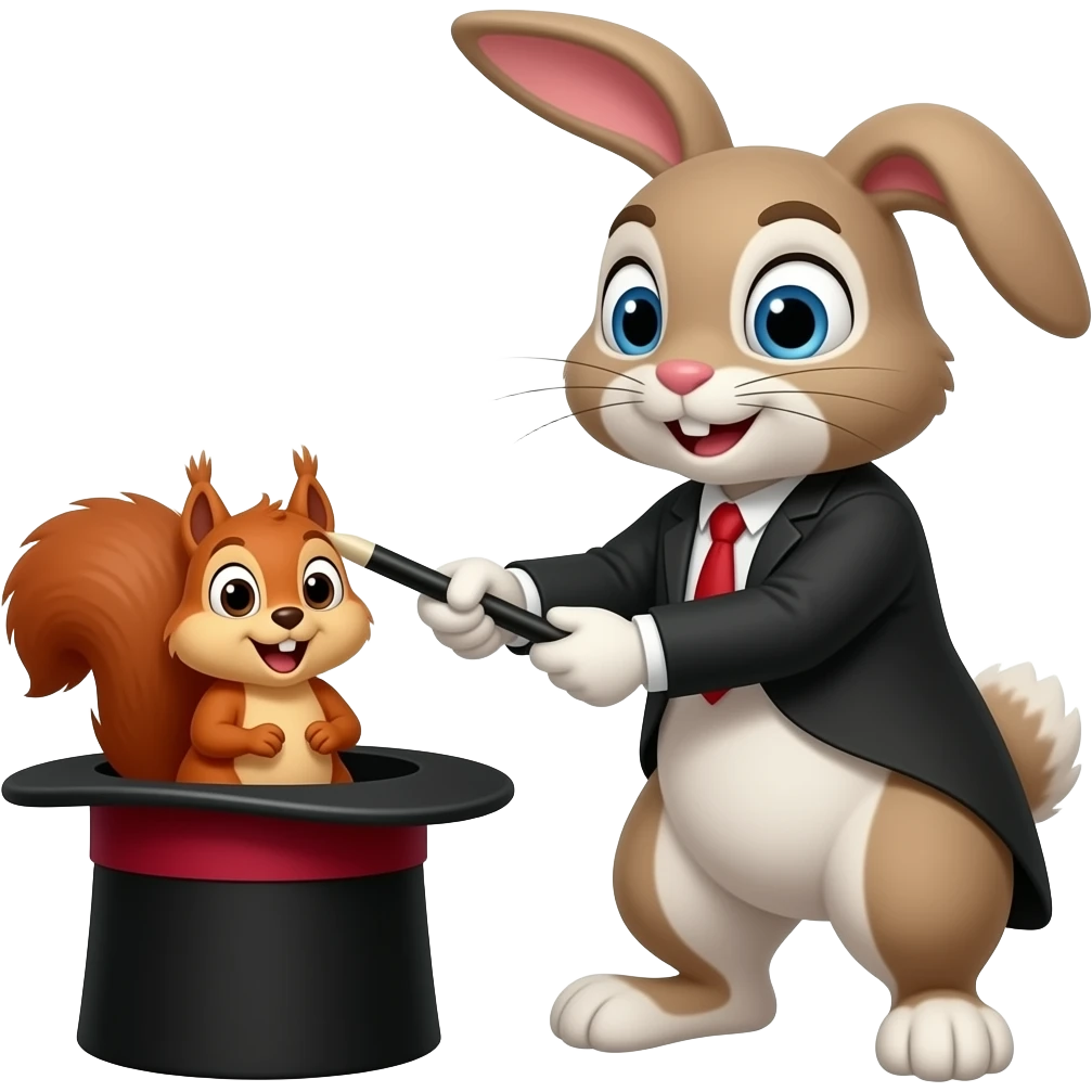 Hazme a un animinal haciendo magia y sacando otro animal de la gorra y que este como sorprensido el animal que esta dentro de la gorrra emoji