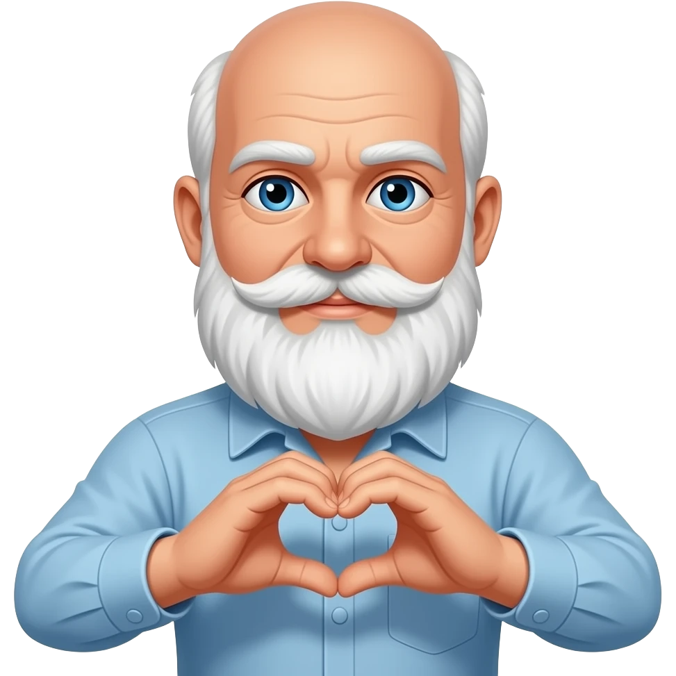 Homme barbe blanche sans cheveux, yeux bleus qui fait le signe coeur emoji