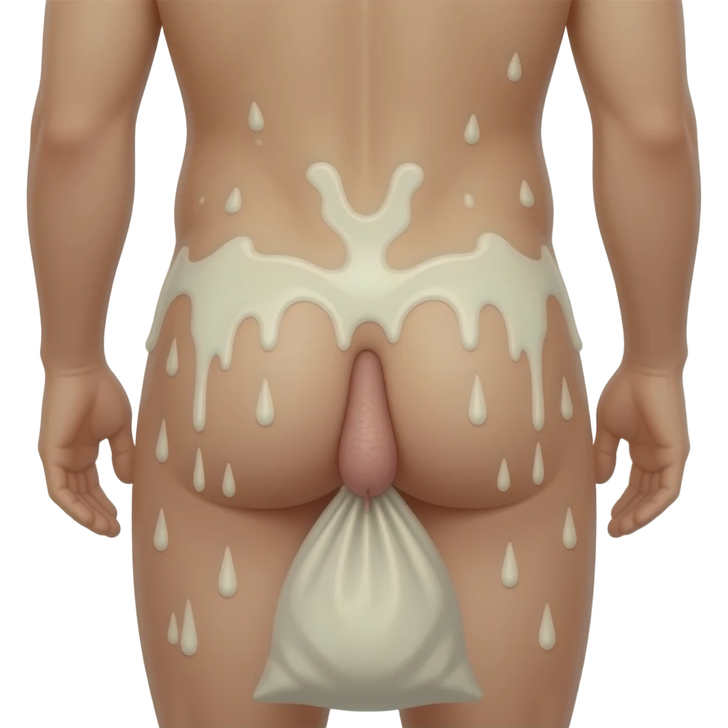 A person having someones penis in their bumhole with no clothes and white liquid all over tham with someone behid them and the penis is attached to their crothch with a sack emoji