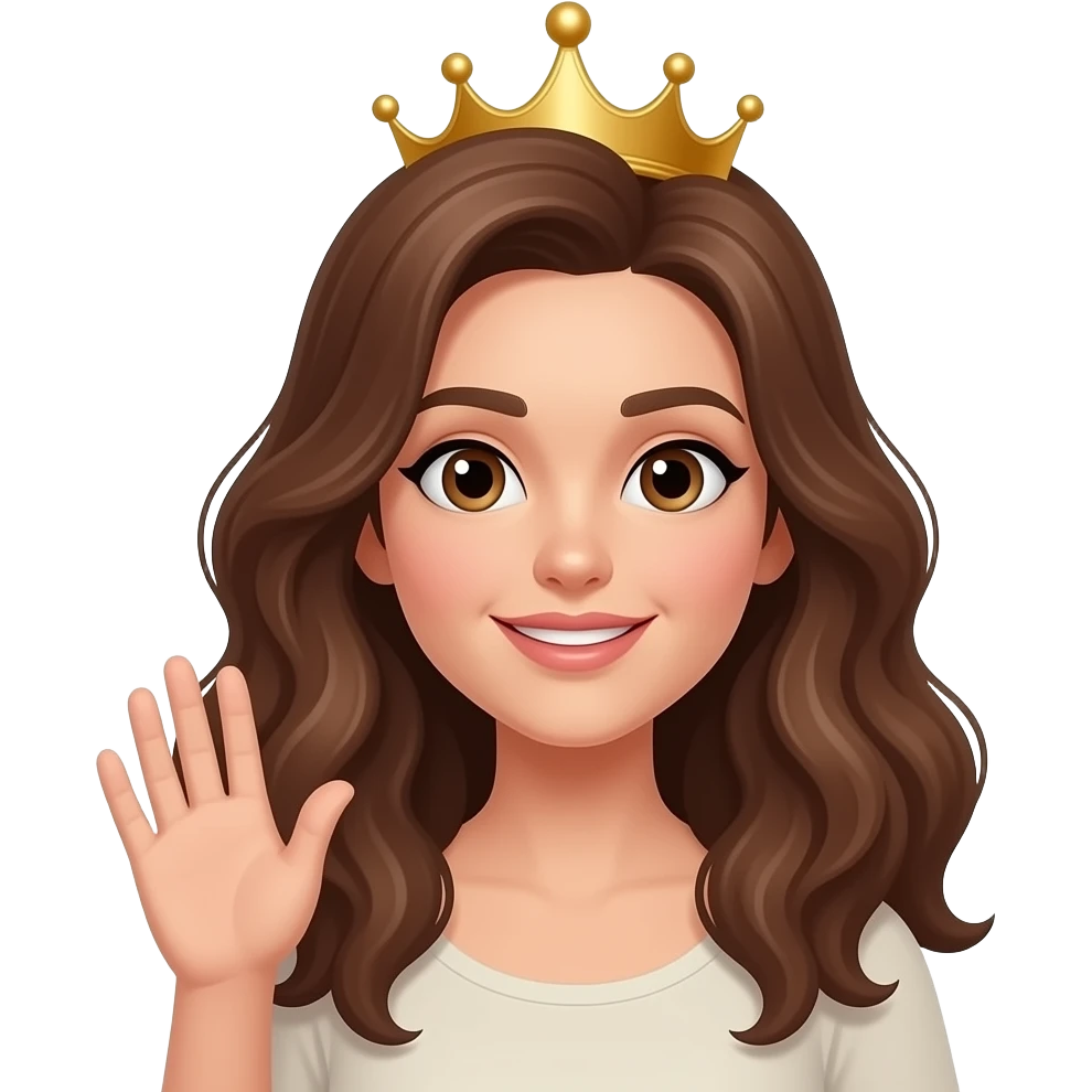 A woman with fair and beige skin, long, curly brown hair, hazel eyes, and a crown on her head, her hand raised as if to signal her presence, in emoticon mode like on mobile phones. emoji