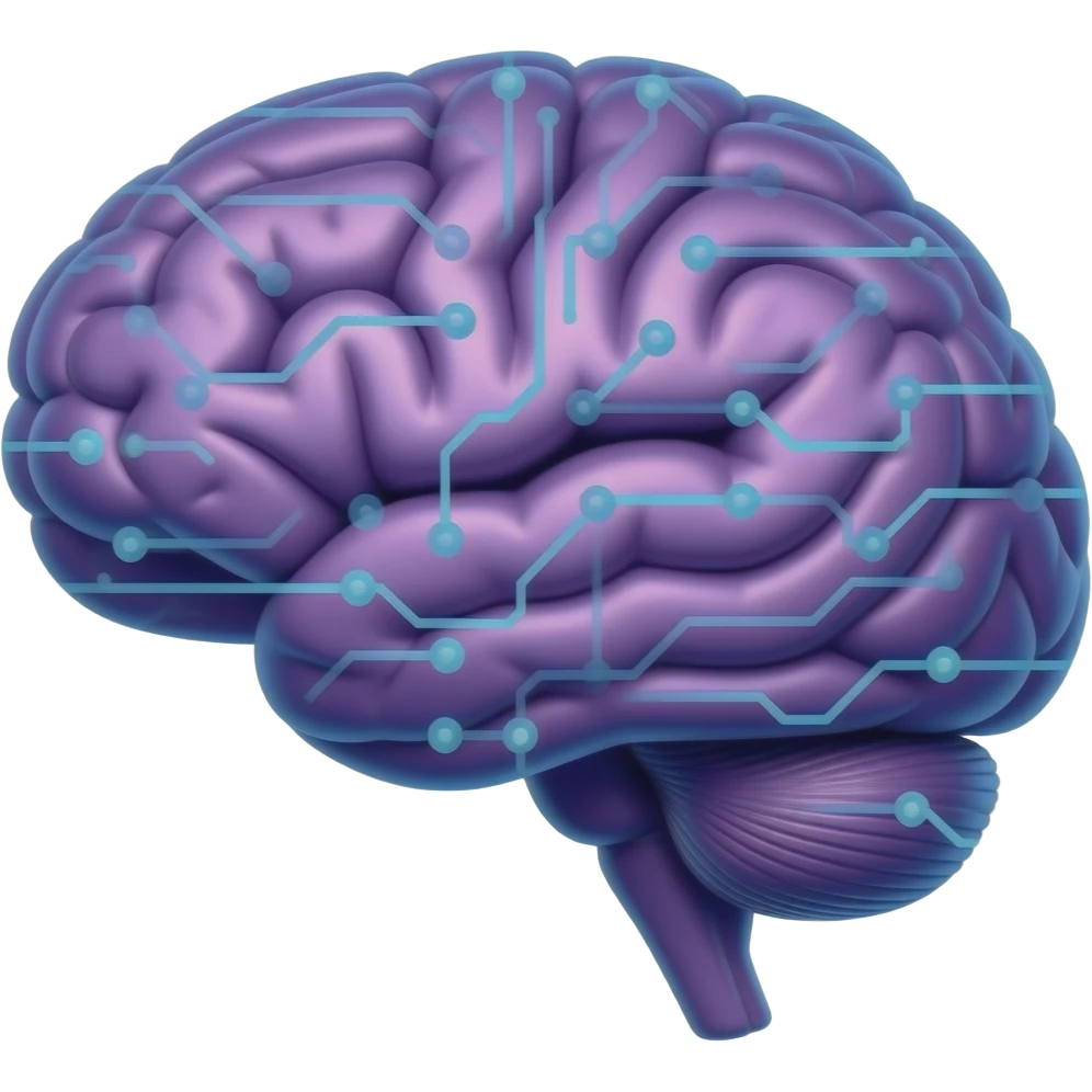 Minimalist flat design icon, clean vector style, soft gradients, modern, no text, transparent background. Minimalist flat design icon of a human brain merged with circuit lines, purple and blue color palette, futuristic and clean emoji