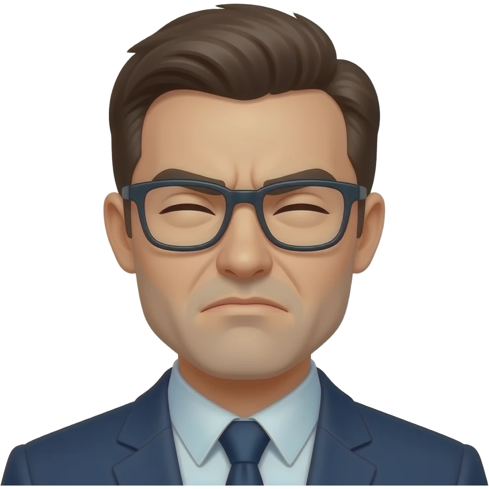 Make both his eyes squinting with glasses on and frowning emoji