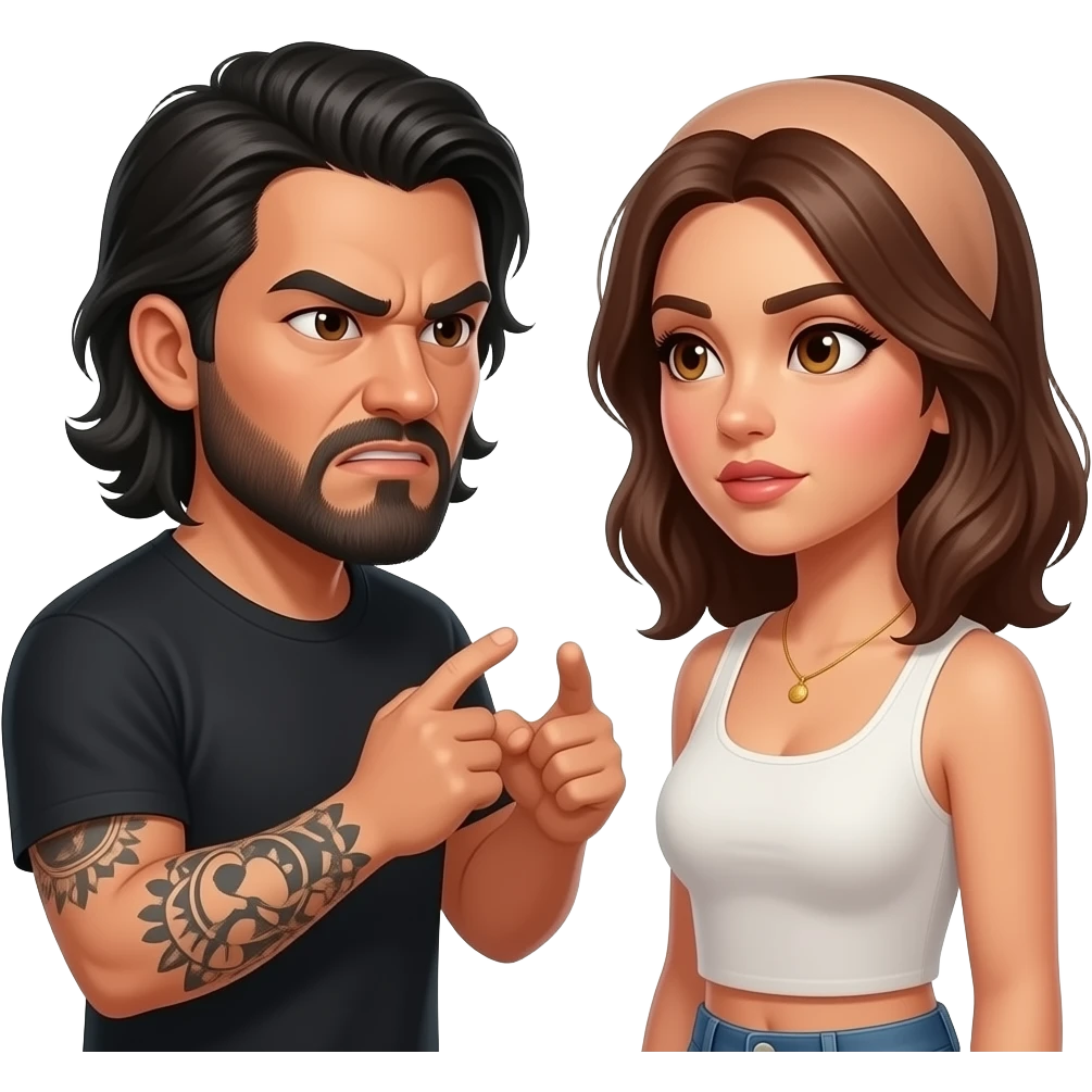 A really sad but angry Latino husband with medium length hair and beard and tattoos found out his wife was cheating on him with a bald, red bearded guy, and his wife is beautiful with hazel eyes and shoulder length brown hair and their relationship is broken emoji