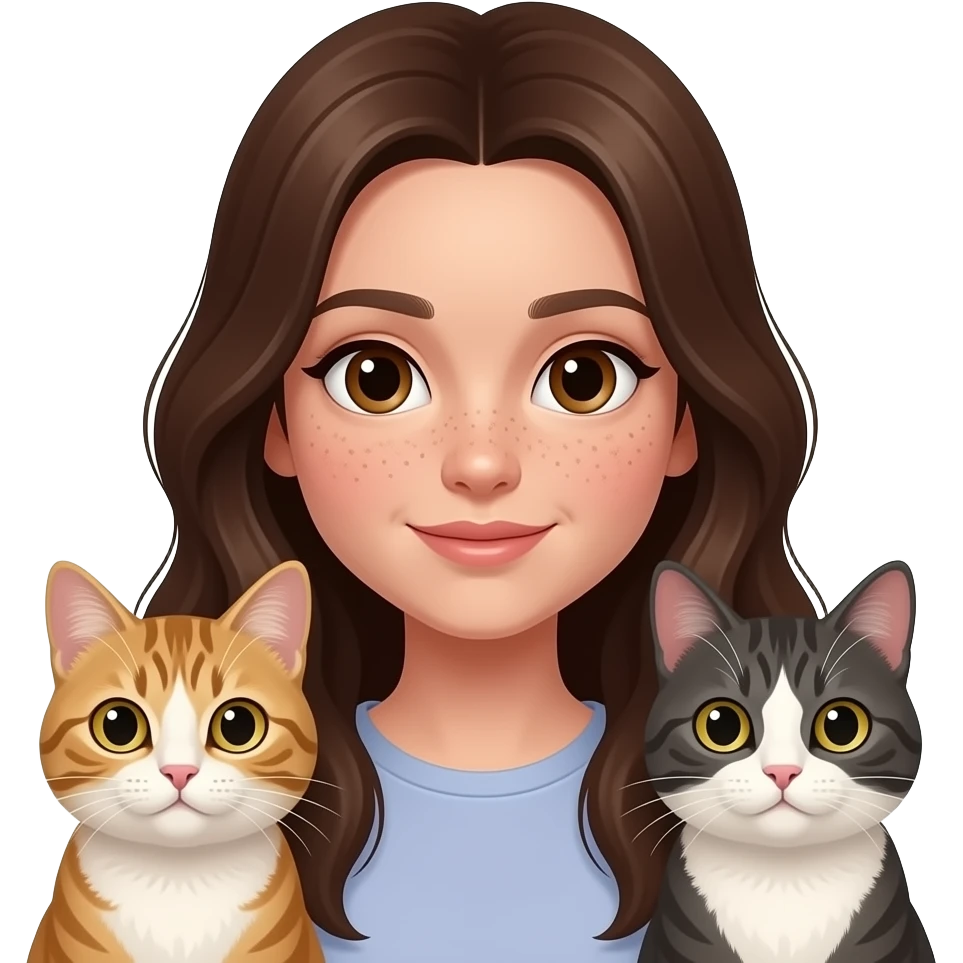 brunette girl with brown eyes and a lot of freckles long dark brown hair with two cats emoji