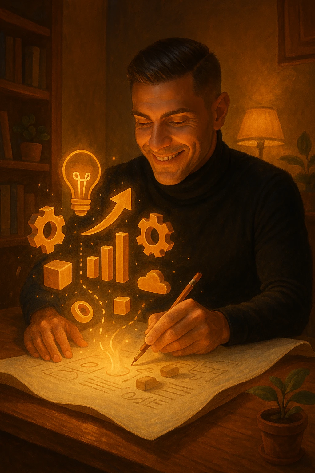 Un uomo concentrato, seduto alla sua scrivania in una stanza con luce calda, sta scrivendo su un enorme foglio di carta che si espande magicamente davanti a lui. Mentre scrive, le parole si trasformano in elementi visivi tridimensionali che rappresentano le soluzioni ai suoi problemi emoji