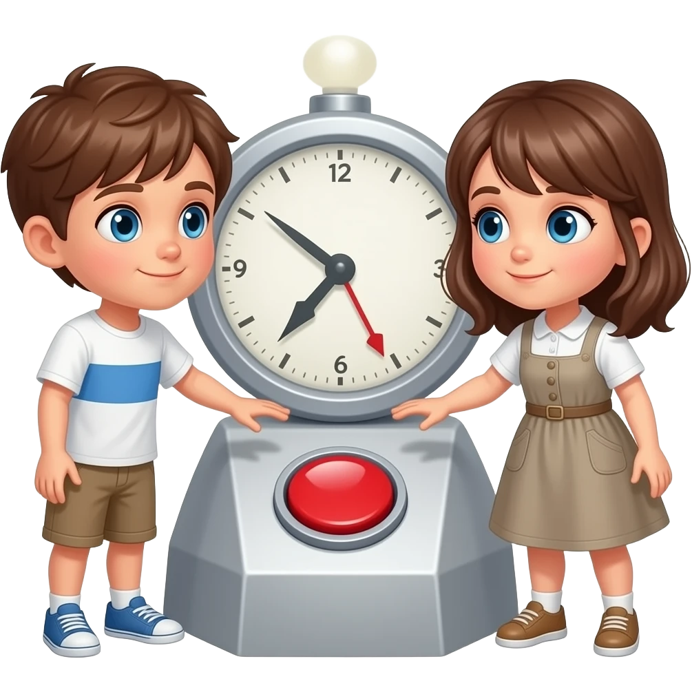 hacme una maquina del tiempo con un boton rojo un chico y una chica lo estan a punto de apretar, con ojos azules tocando la maquina del tiempo, la chica tiene el pelo color avellana con un peto de vestido i el chico castanyo con camiseta blanca y una raya azul emoji