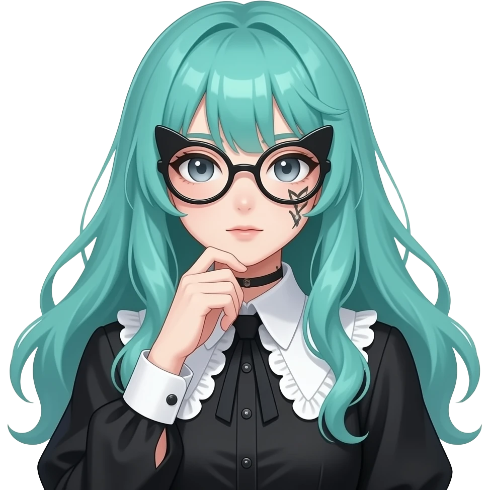 anime girl, thinking hard, cat glasses ,face tattoos, long flowing teal hair, grey eyes, black shoulder cyberpunk blouse with fancy white collar emoji