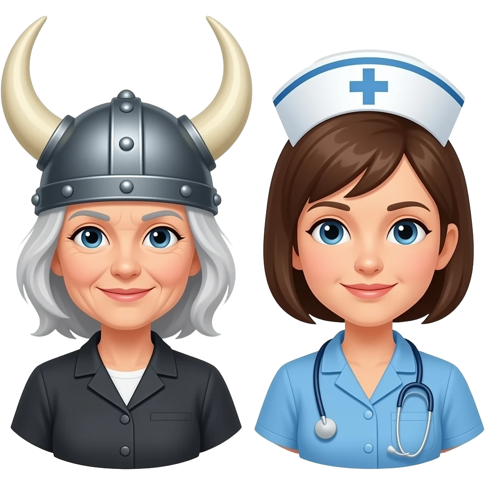 Viking helmet older gray hair woman, older short hair nurse woman and nurse short hair couple emoji
