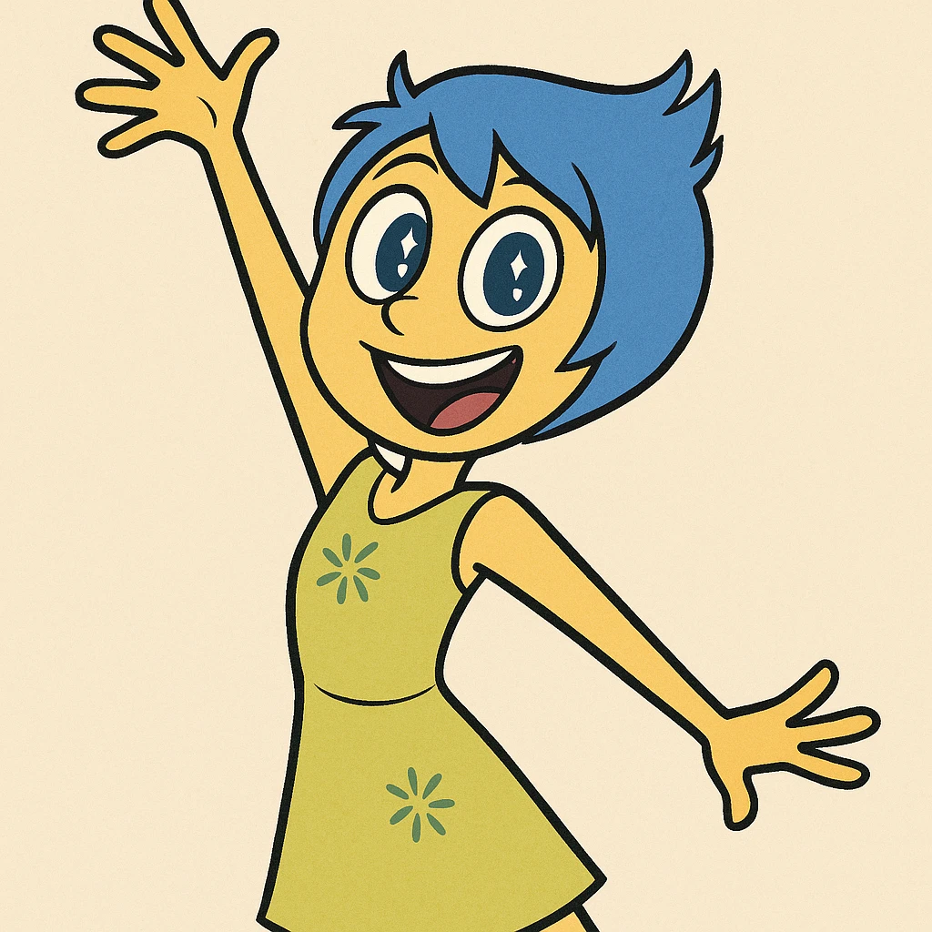 Joy from Inside Out, energetic pose, sparkling eyes, cartoon style emoji