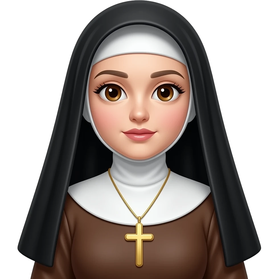 Nun with black hair, dark eyebrows, curvy chest but fully covered, big brown eyes and long eyelashes and pity lips, a cute dainty gold cross, white skin, long hair showing no scarf over hair just small black veil, lipgloss on emoji