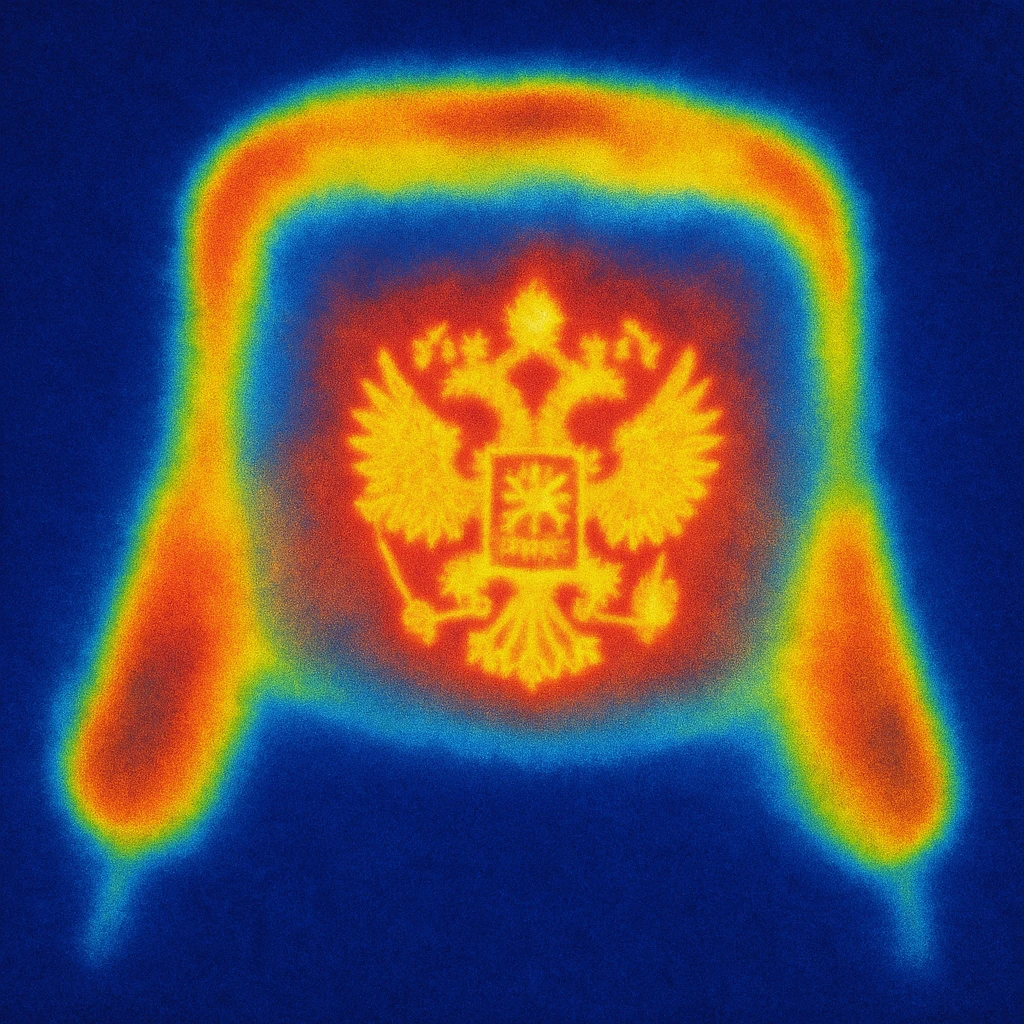 Russian hat ushank with the coat of arms of Russia, with background, thermal camera style emoji