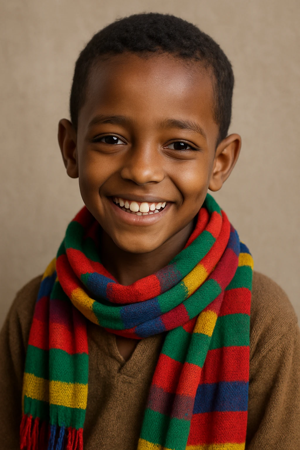 Ethiopian young boy, smiling, wearing a colorful scarf, short hair, simple background emoji