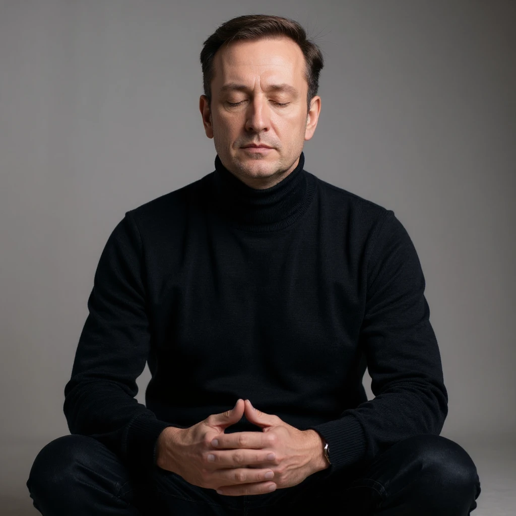 Vertical 2:3 photograph inspired by the reference image, featuring an elegant man in a black sweater, fasting theme. The man is meditating with closed eyes, hands on knees, in a calm environment. Realistic style, clearly conveying the concept of fasting. emoji