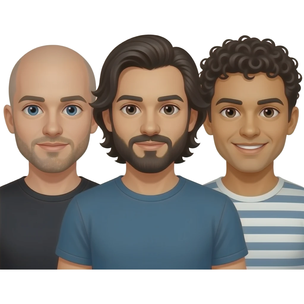 Create an IOS emoji of three gay friends. One friend is bald with a short stubble beard, one has a withblack med length beard emoji